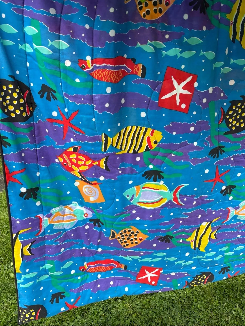 Vintage 1986 Vibrant Blue Tropical Fish Comforter by Cheryl Johnson